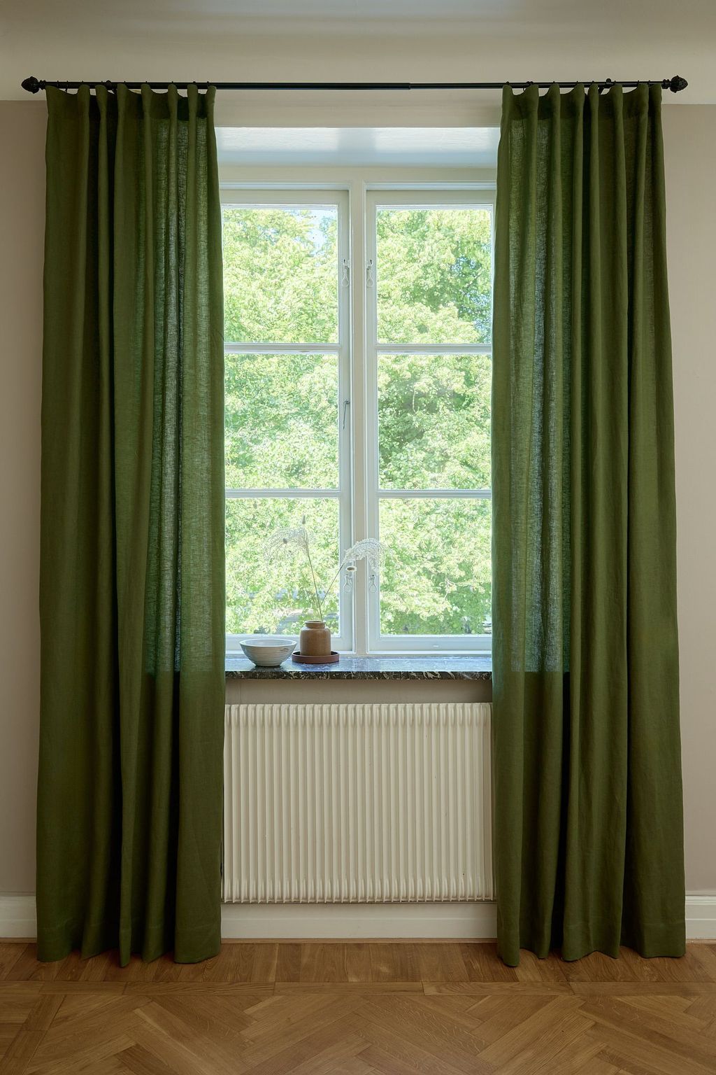 Moss green linen curtain