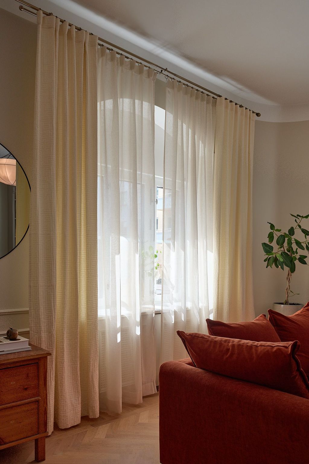 Ivory curtain with graphic pattern